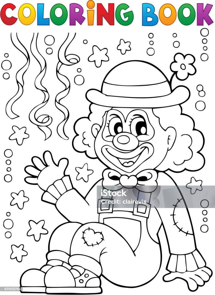 Coloring book with cheerful clown stock illustration