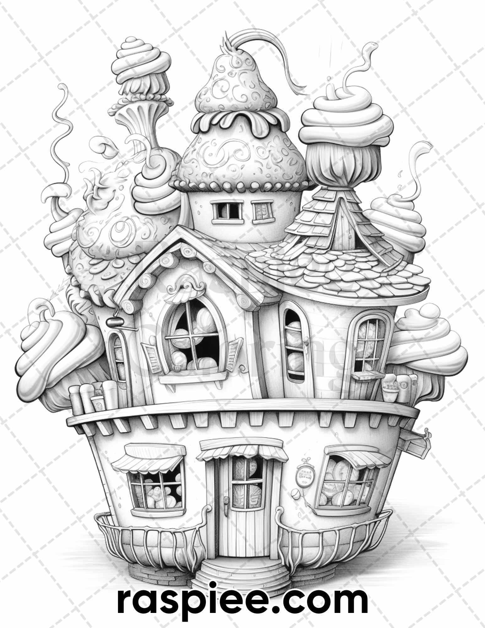 Whimsical cupcake houses grayscale coloring pages for adults print â coloring