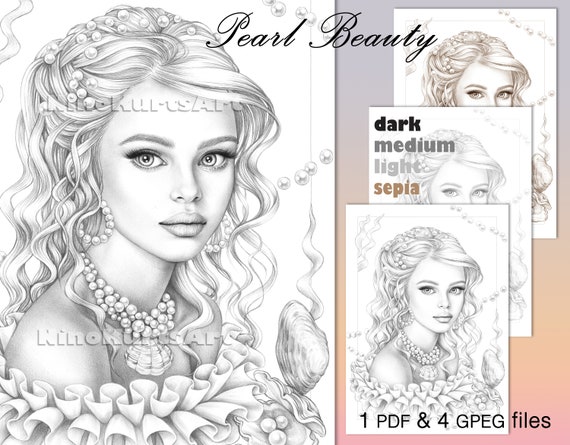 Coloring book printable adult coloring pages download grayscale illustration printable jpg pdf files girl grayscale portrait