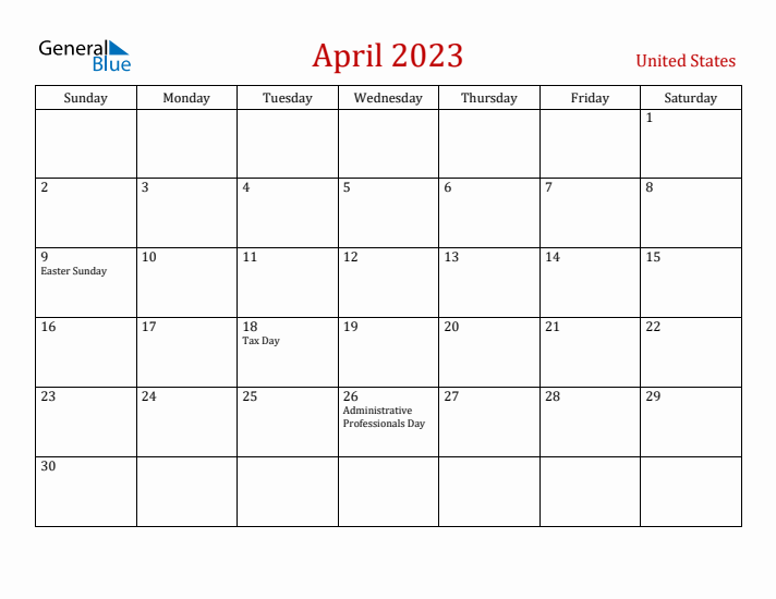 April united states monthly calendar with holidays