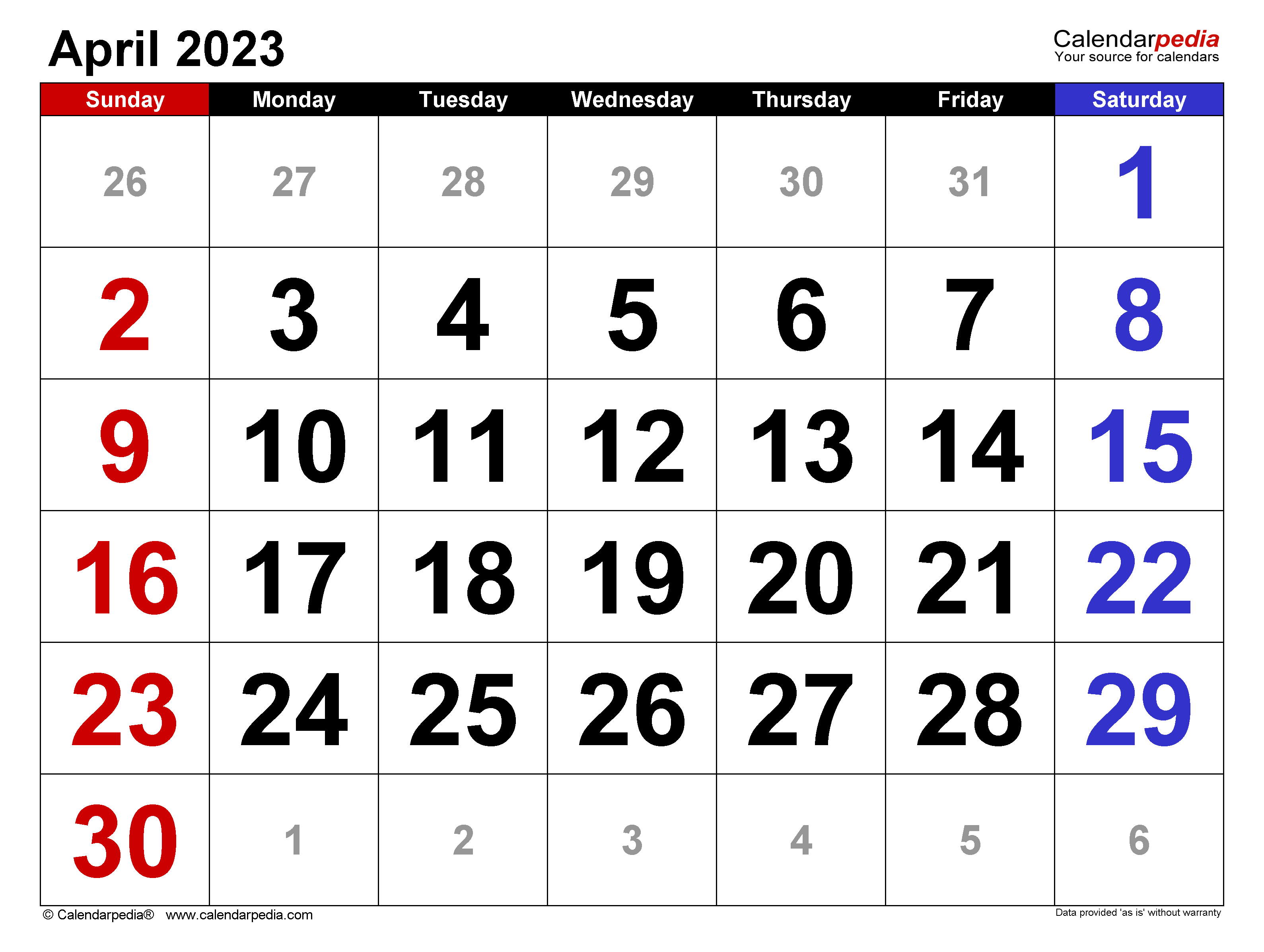 April calendar templates for word excel and pdf