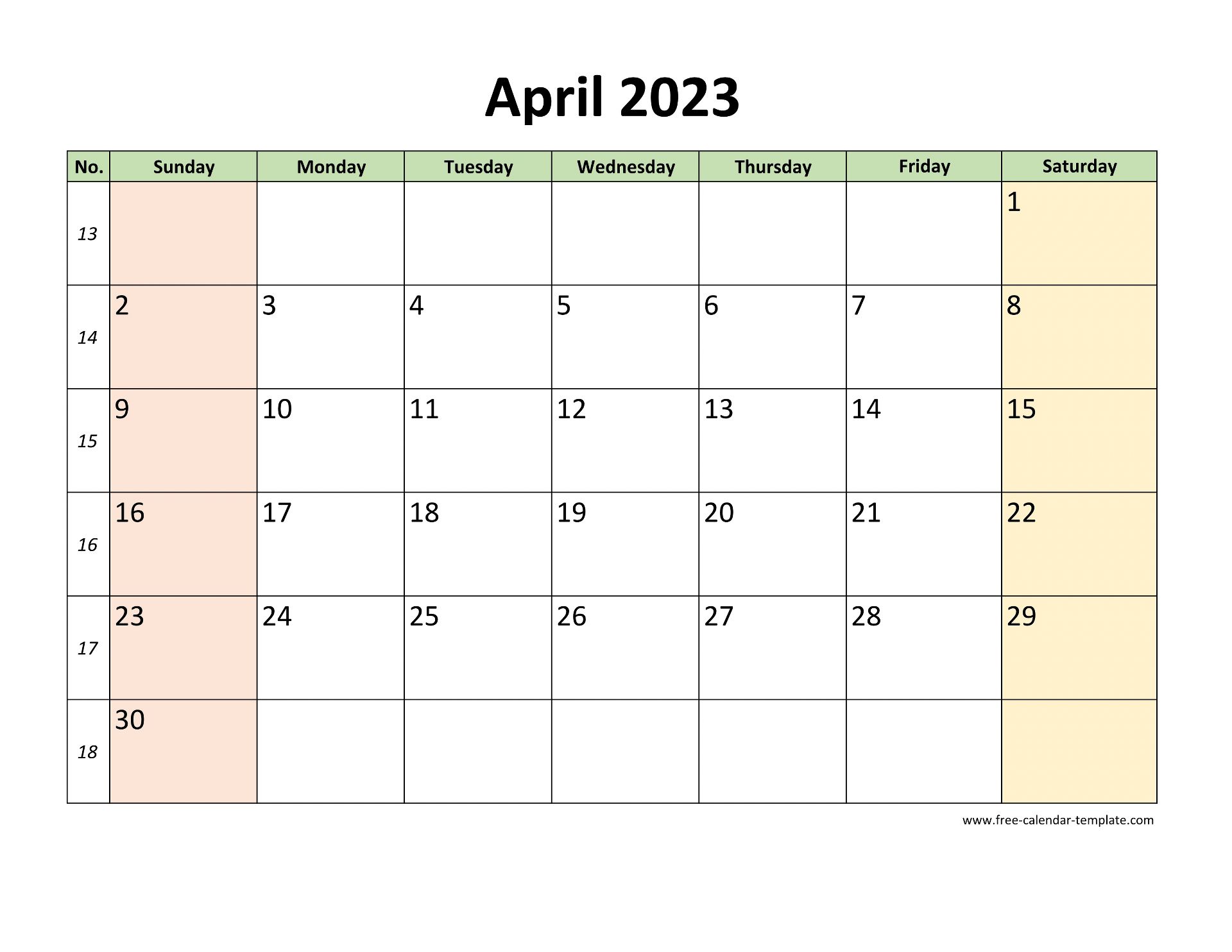 April calendar printable with coloring on weekend horizontal free