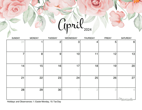 April calendar free printable with holidays