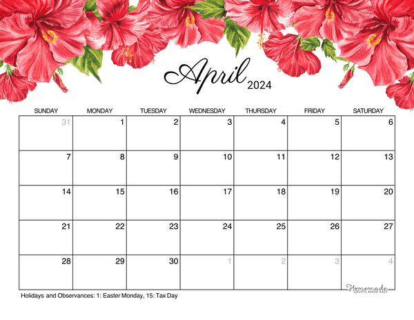April calendar free printable with holidays