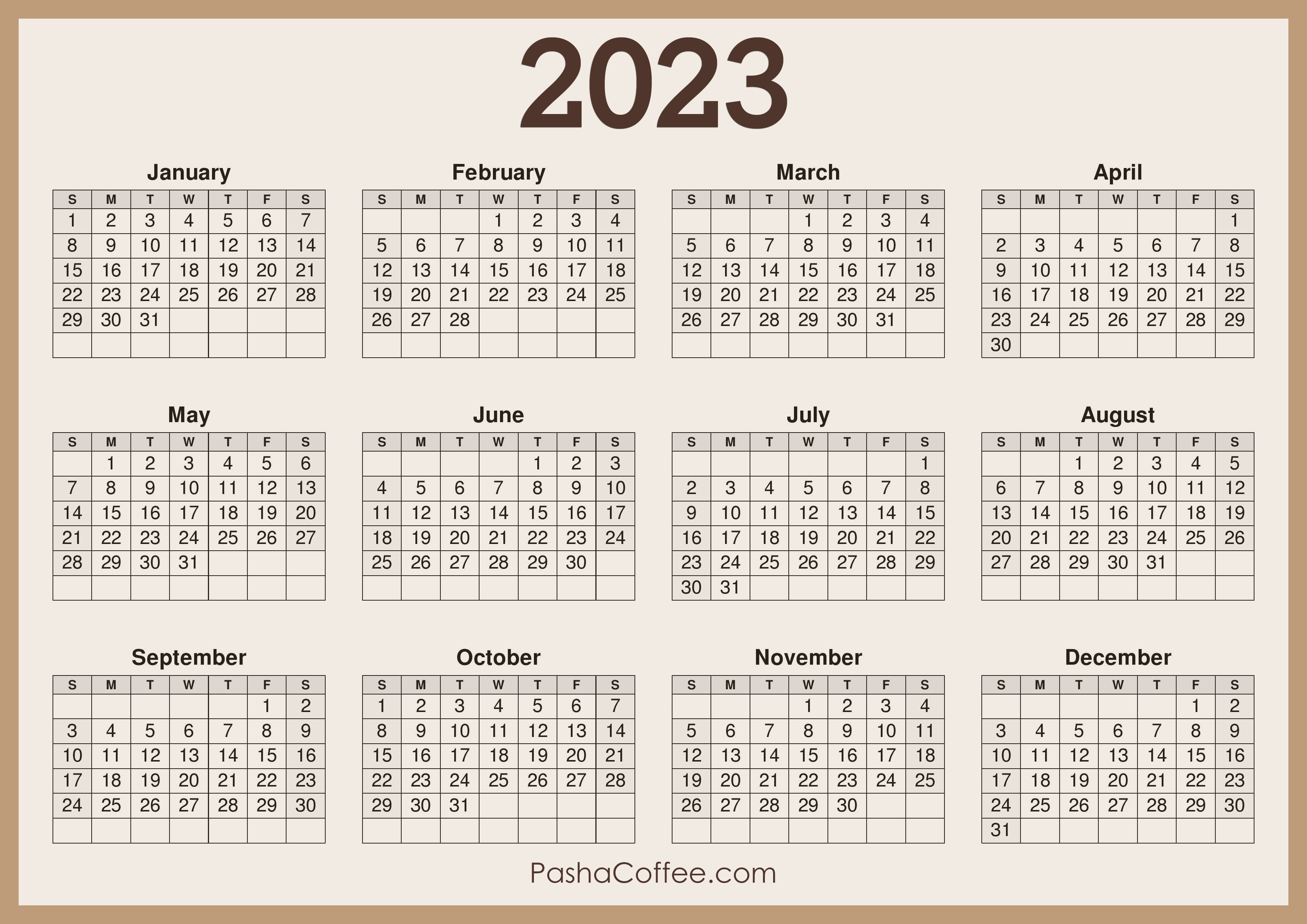 Calendar printable free horizontal beige â
