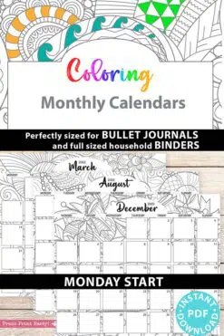 Monday start monthly printable calendars adult coloring