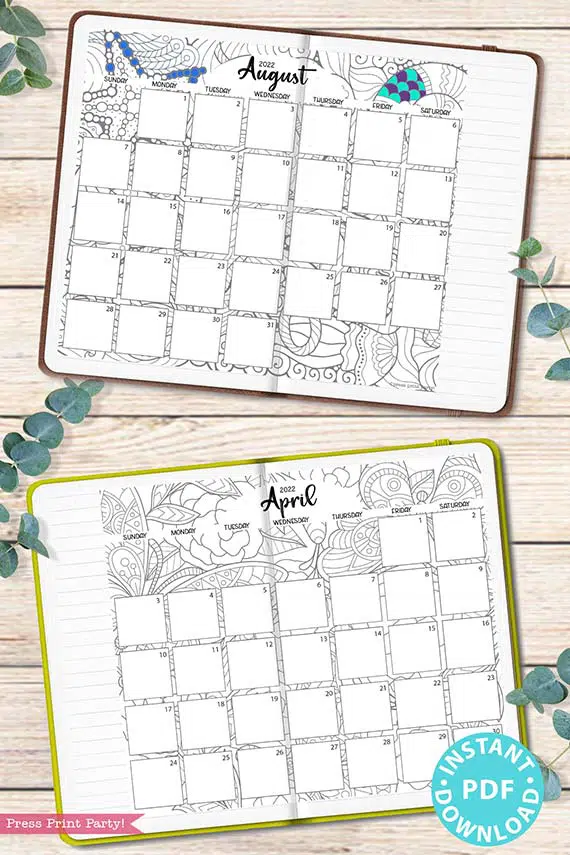 Calendar printable set adult coloring