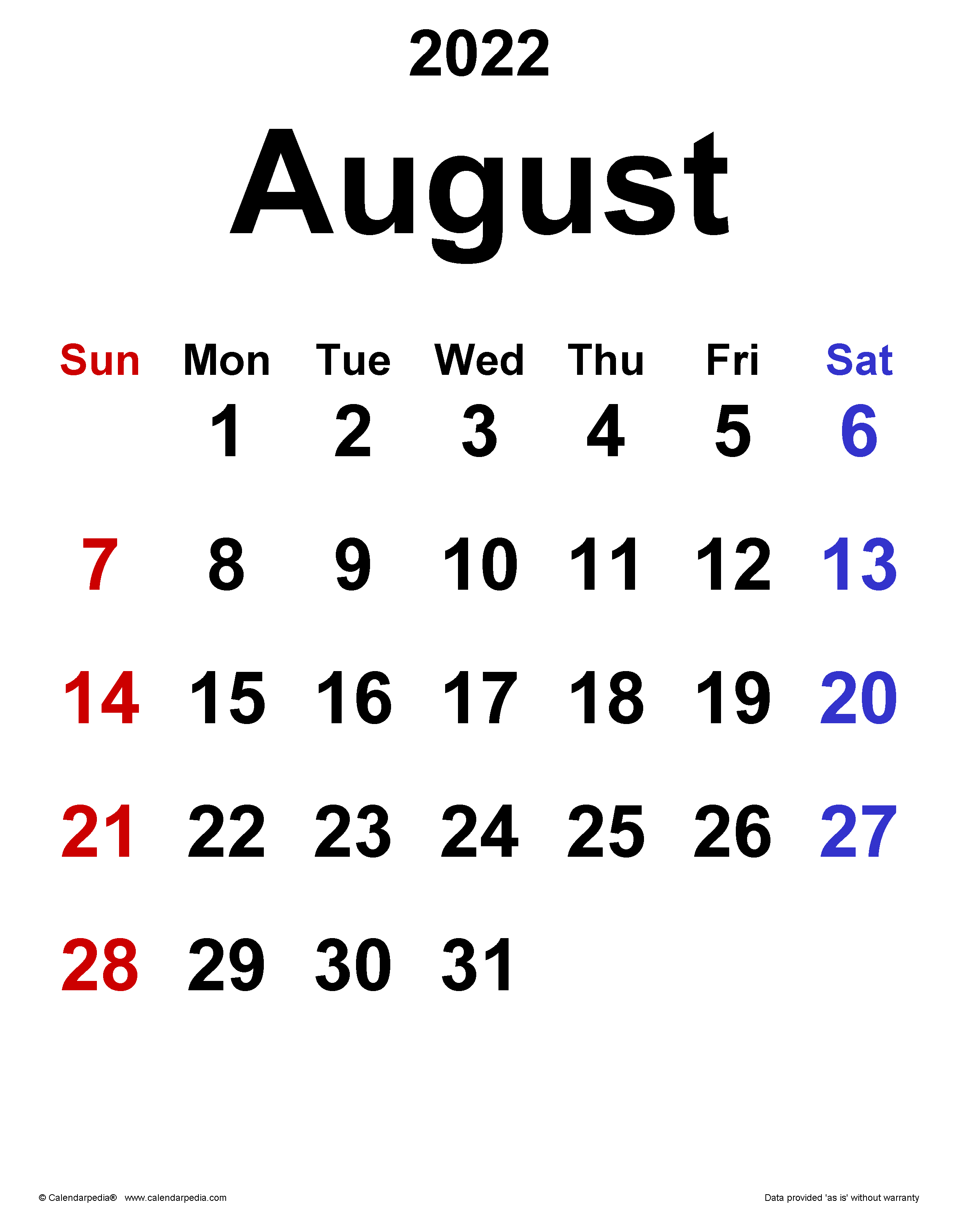 August calendar templates for word excel and pdf