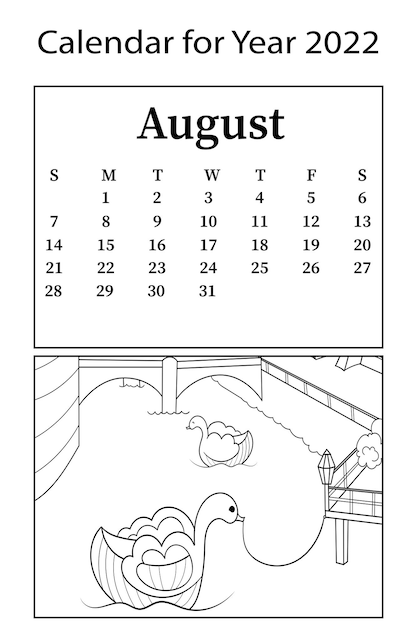 Premium vector calendar for month of august vector coloring book amusement park water transport swan