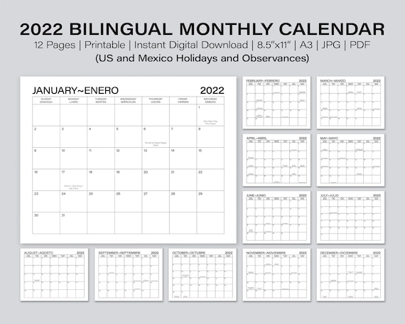 Buy printable bilingual monthly calendar calendario inglãs