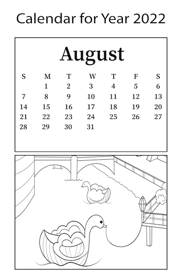 Premium vector calendar for month of august vector coloring book amusement park water transport swan
