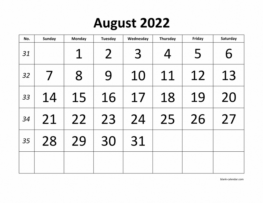 Free download printable august calendar large font design holidays on red