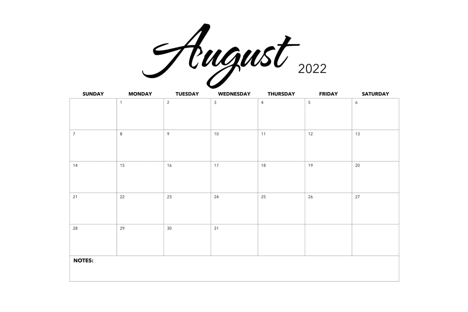 Free printable august calendars