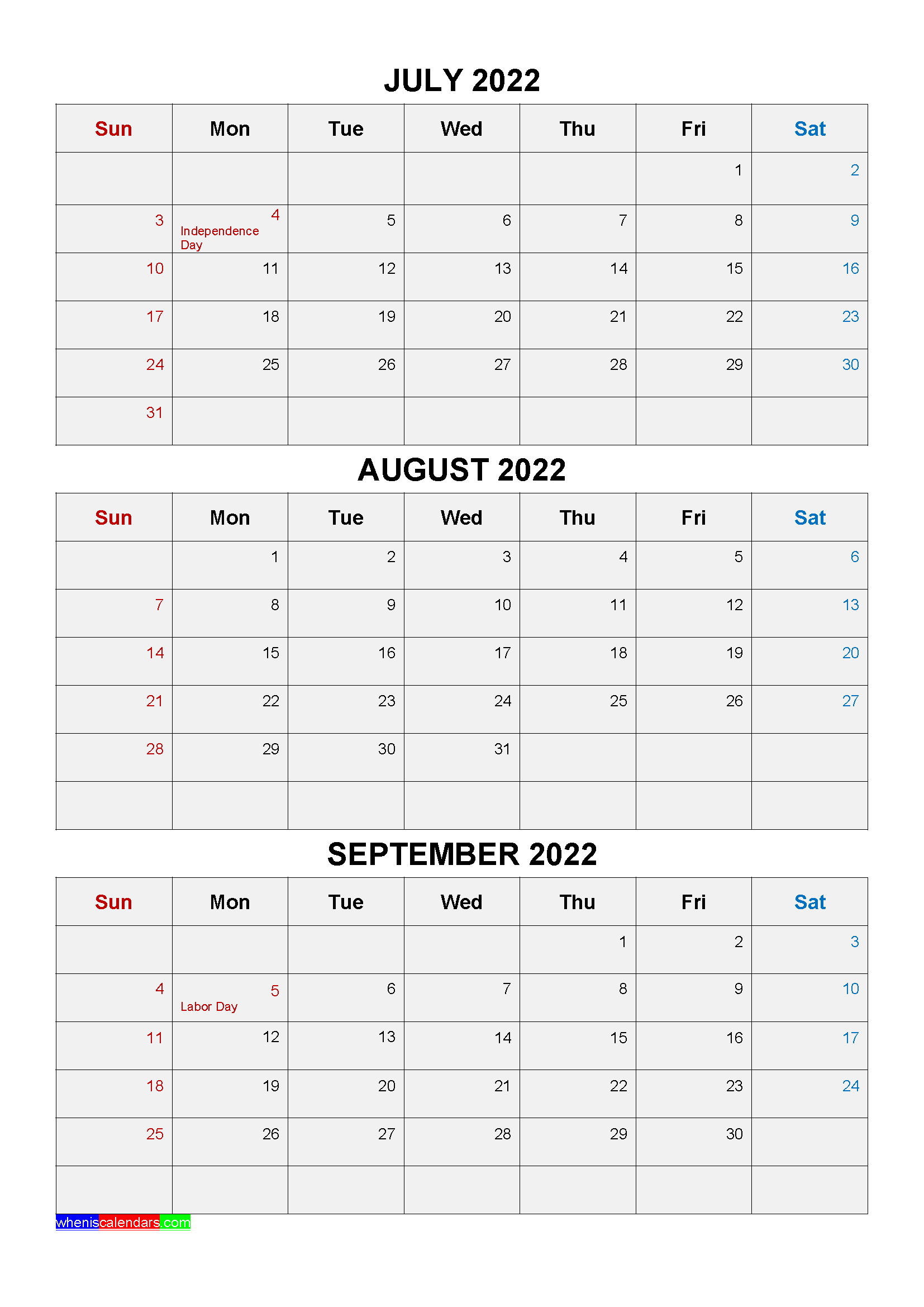 Free printable july august september calendar months page