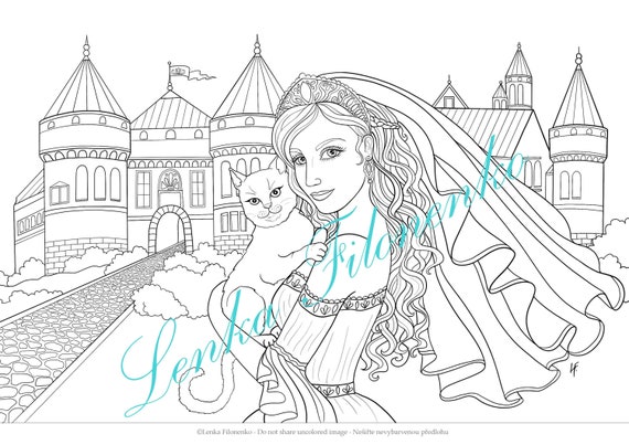 Coloring page for adults art coloring page princess and her cat pdf download and print download now