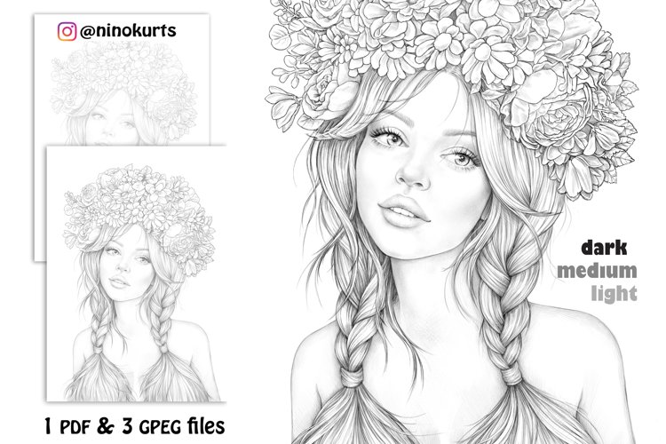 Girl with pigtails printable adult coloring page