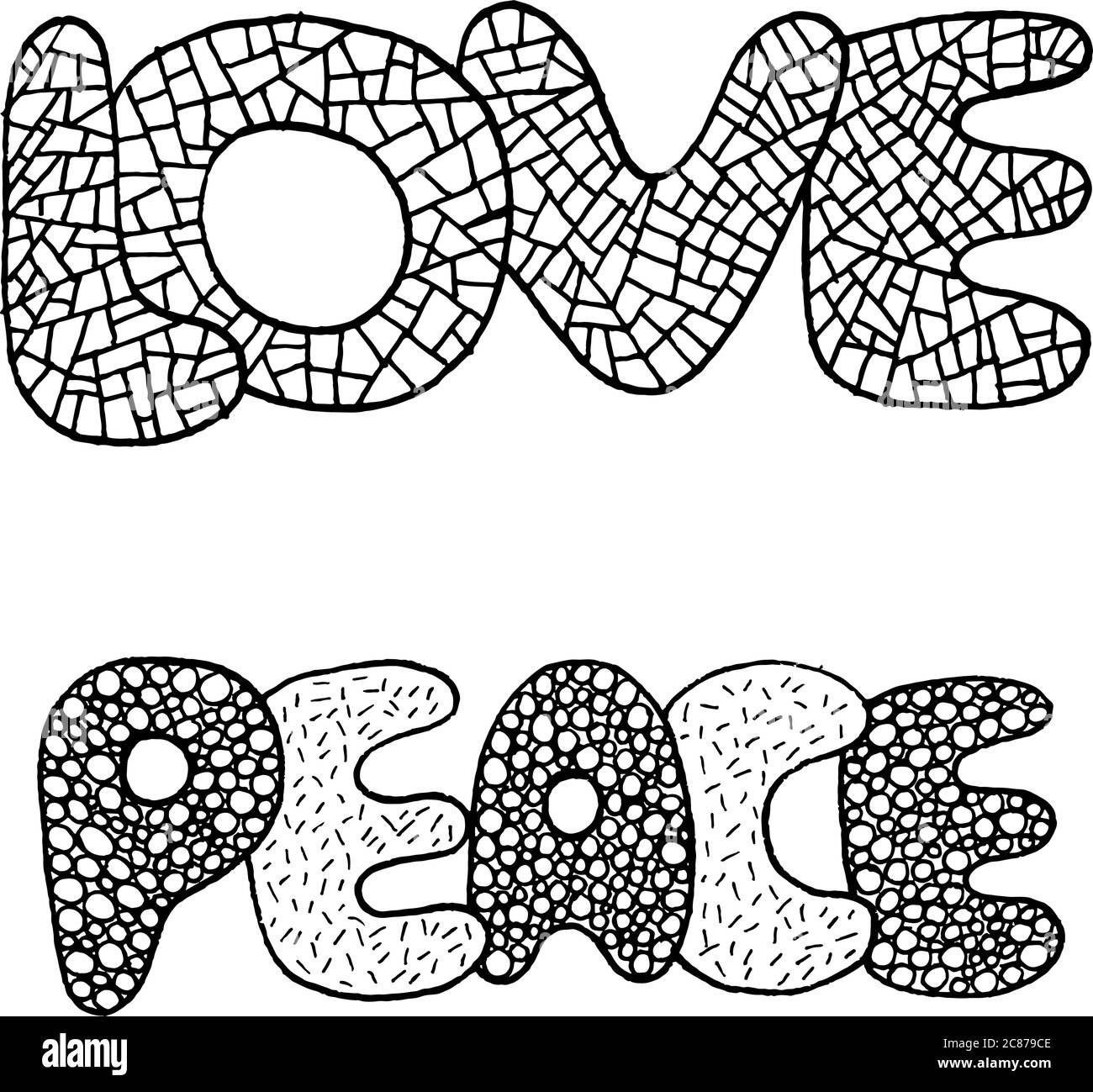 Coloring page with love and peace word hand drawn black and white ilustration for coloring book design and tshirt stock vector image art