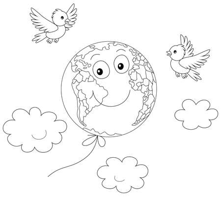 Day of peace a funny globe friendly smiling and flying among clouds like a balloon with merry small birds black and white outline vector cartoon illustration for a coloring book page ù ùùø