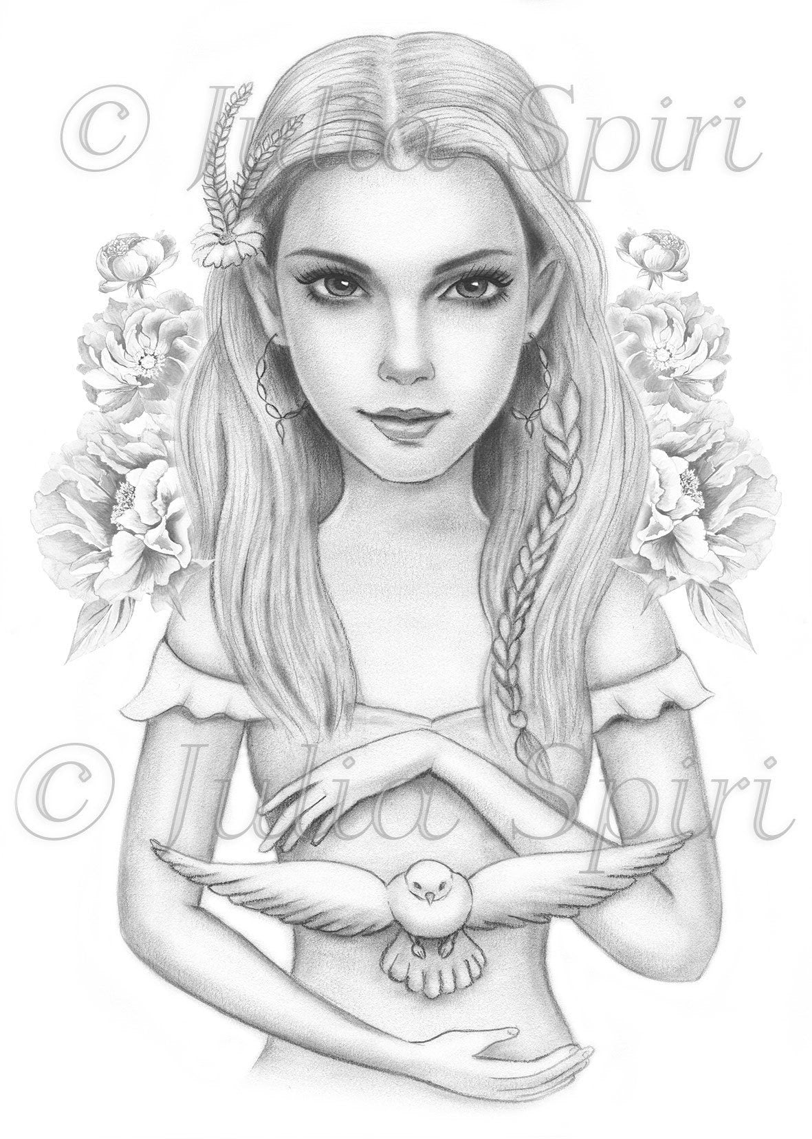 Grayscale coloring page girl with dove peace â the art of julia spiri