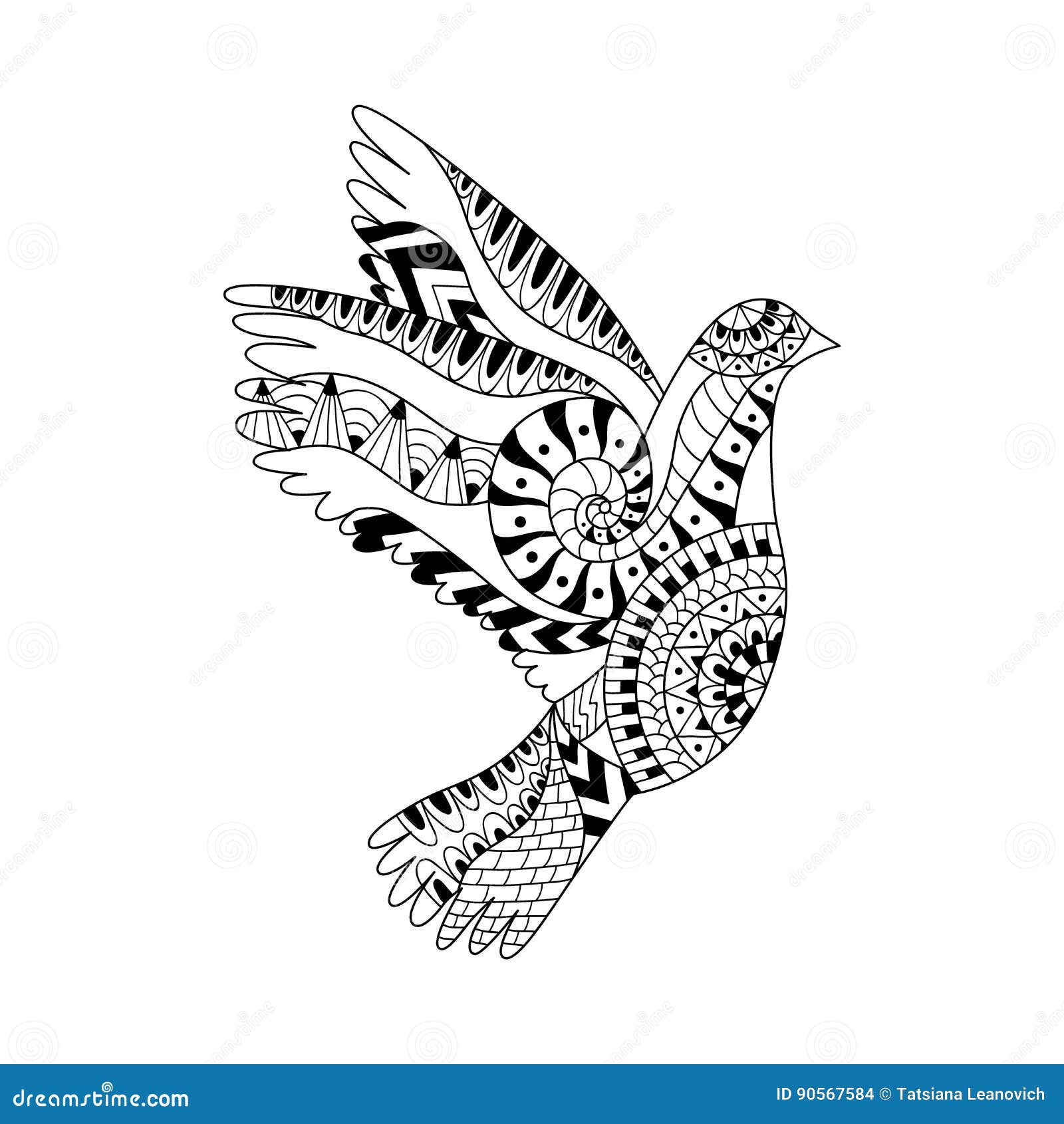 Hand drawn flying dove for adult anti stress colouring page stock vector