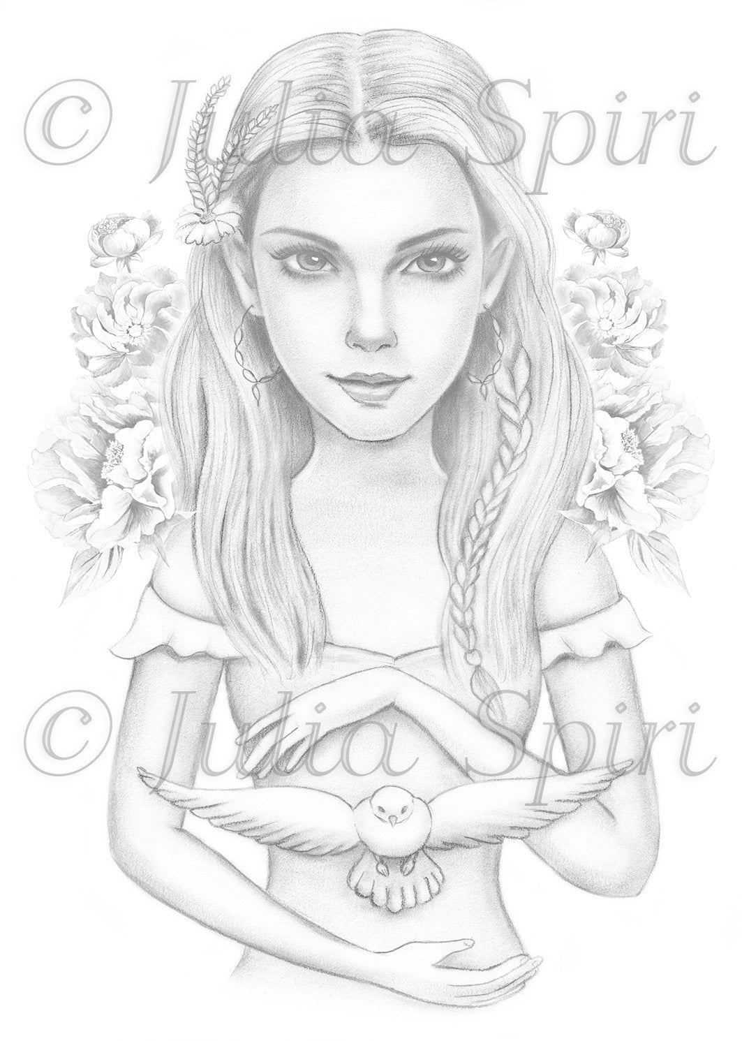 Grayscale coloring page girl with dove peace â the art of julia spiri