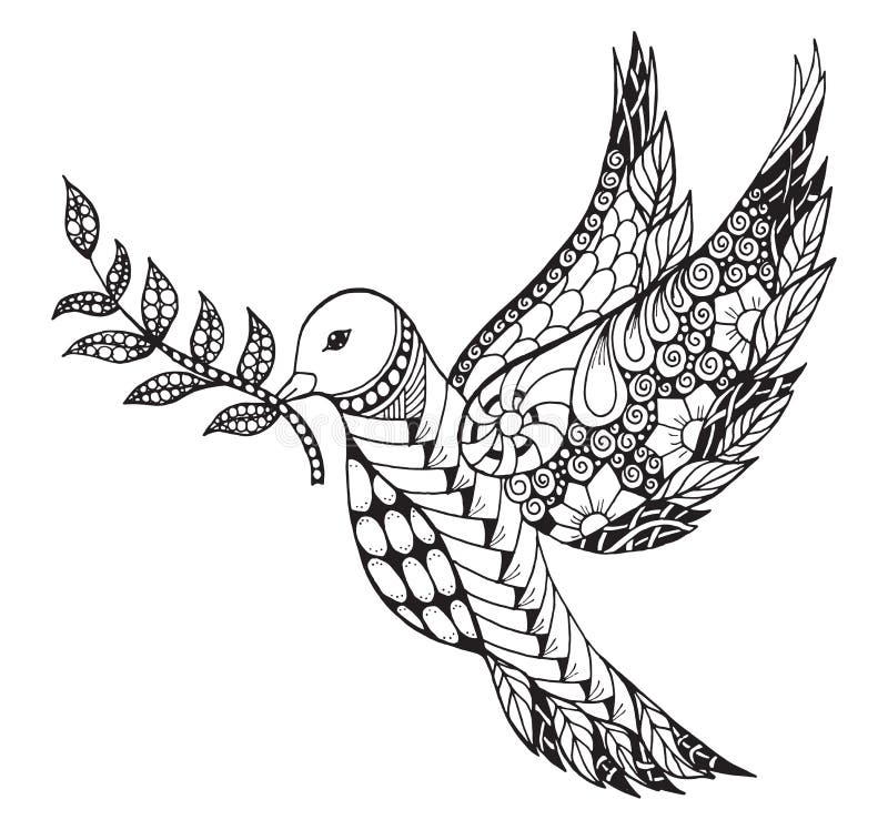 Zentangle stylized peace dove with olive branch for international peace day ornate vector illustration stock vector