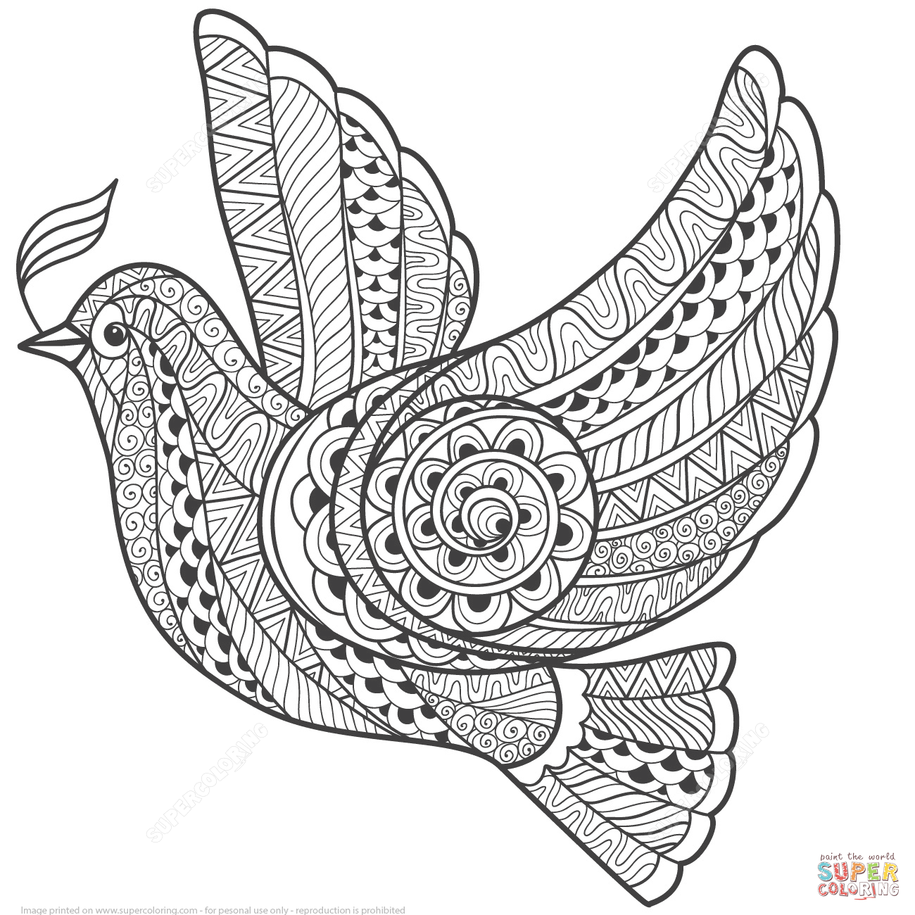 Zentangle dove of peace coloring page free printable coloring pages