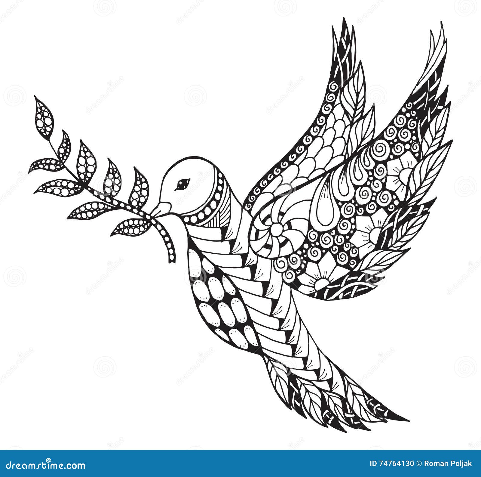Zentangle stylized peace dove with olive branch for international peace day ornate vector illustration stock vector