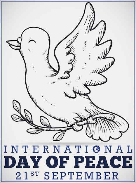 Premium vector poster with smiling hand drawn peace dove holding a olive branch for international day of peace