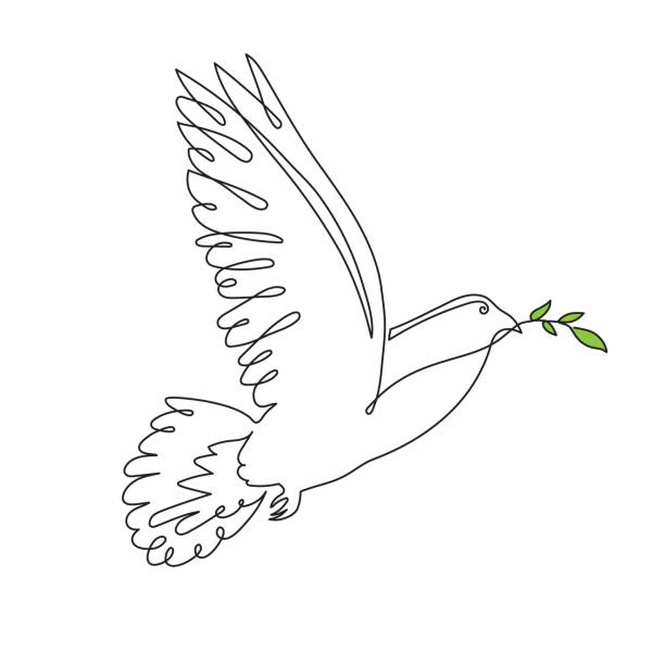 Hand drawn peace dove with olive branch one line art continuous contour doodle sign of independenceeditable stroke stock illustration