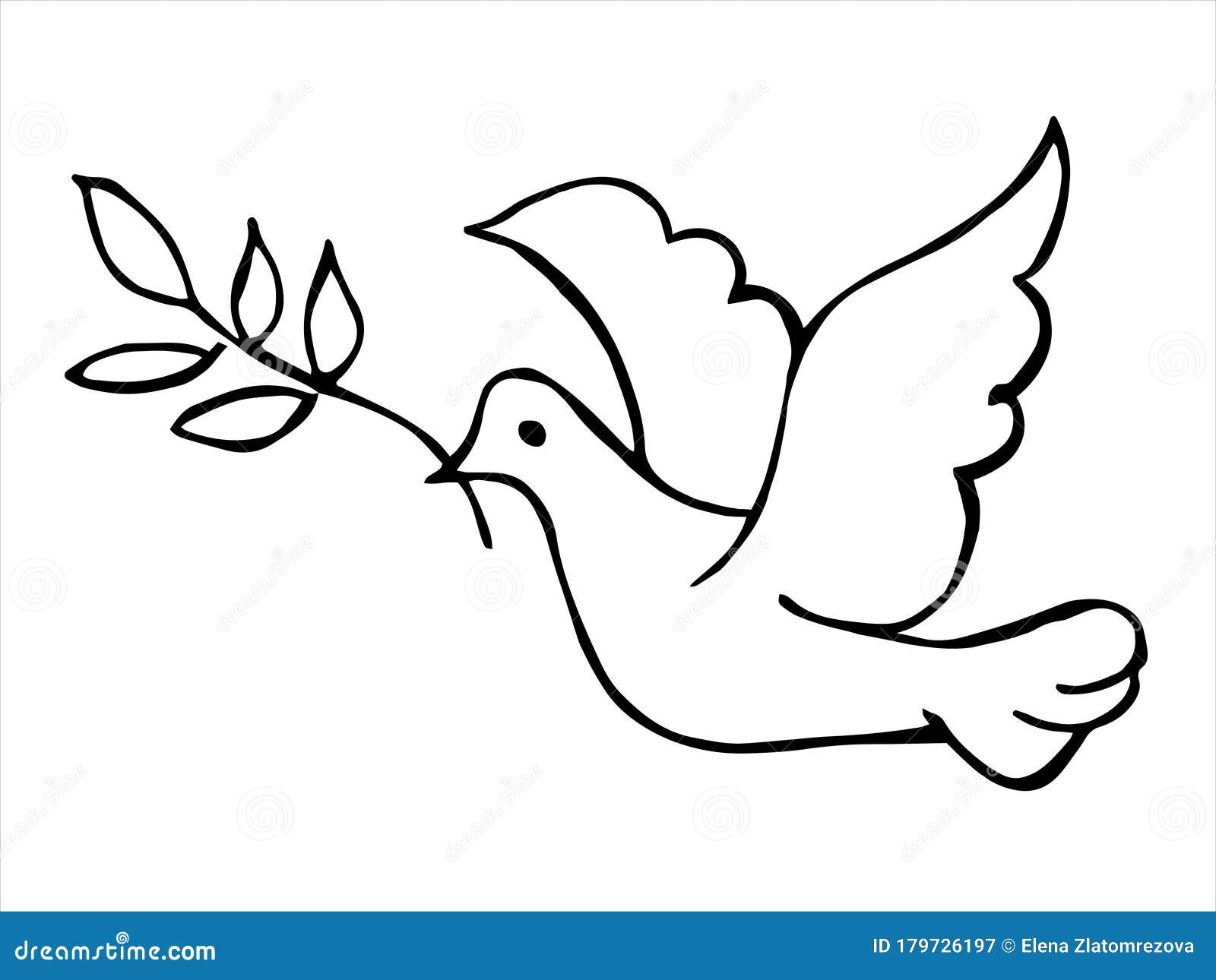 Peace dove silhouette with olive tree sprig outline white color isolated on blue background decorative card with peace bird stock illustration