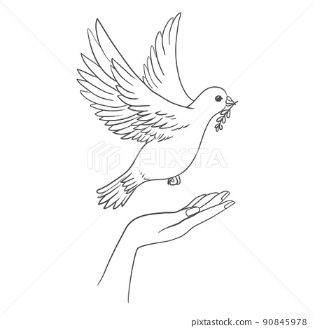 Peace dove with olive branch in the beak flying