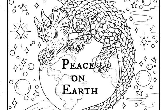 Peace on earth christmas dragon printable pdf downloadable christmas coloring page