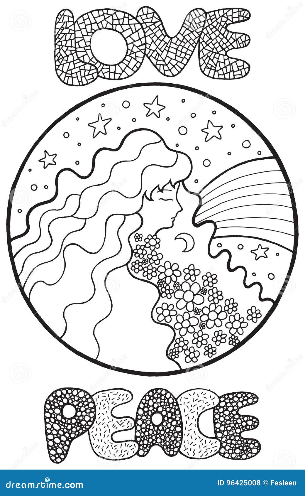 Fairy tales coloring page with girl flower hair and words