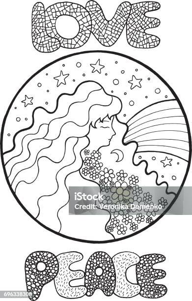 Fairy tales coloring page with girl flower hair and words love and peace stock illustration