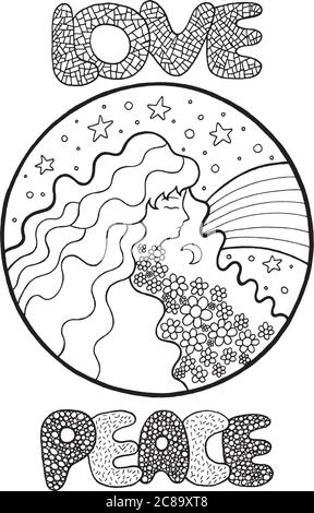 Fairy tales coloring page with girl flower hair and words