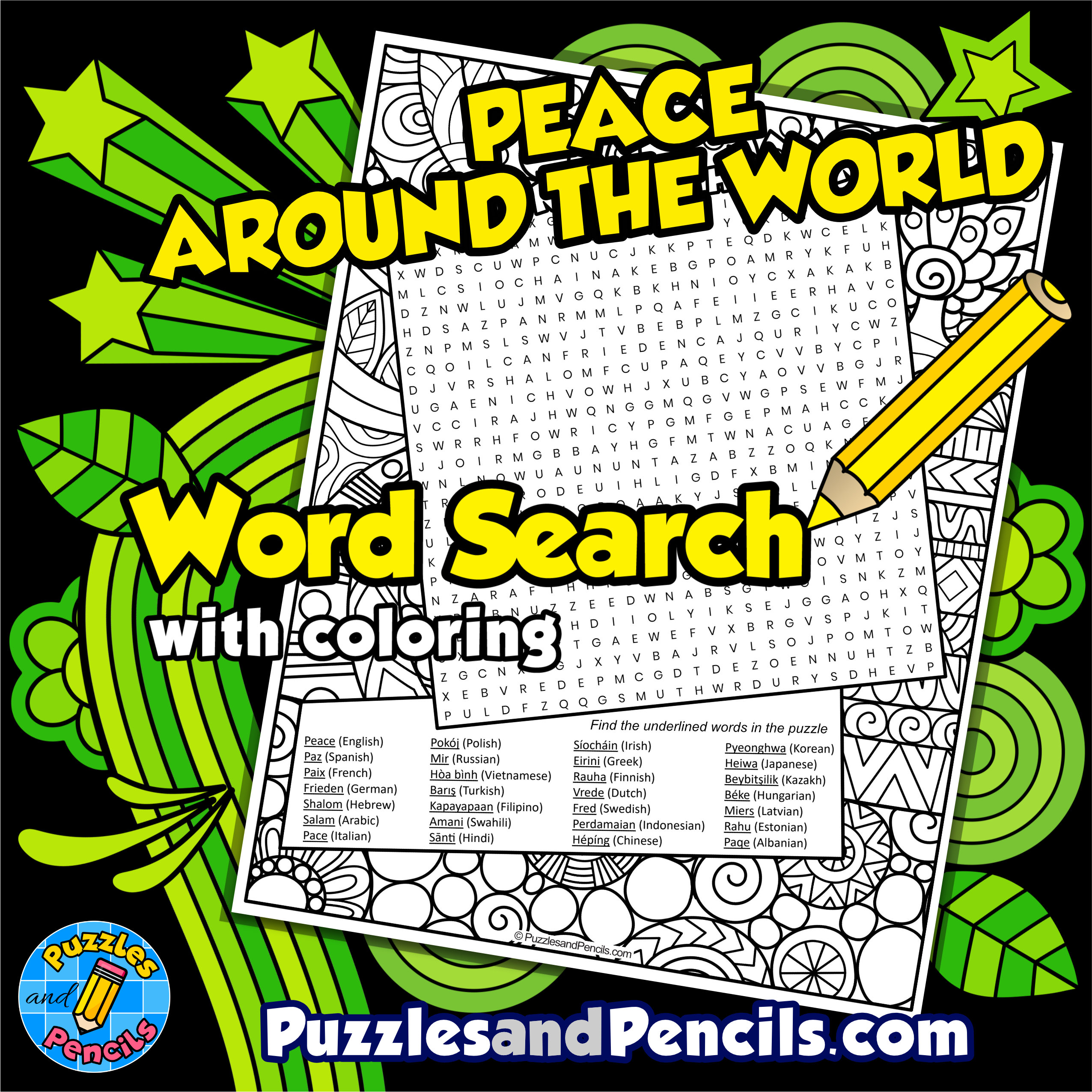 Peace around the world word search puzzle with coloring peace wordsearch made by teachers