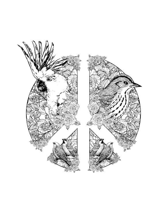 Printable bird peace peace sign coloring page digital download floral coloring sheet