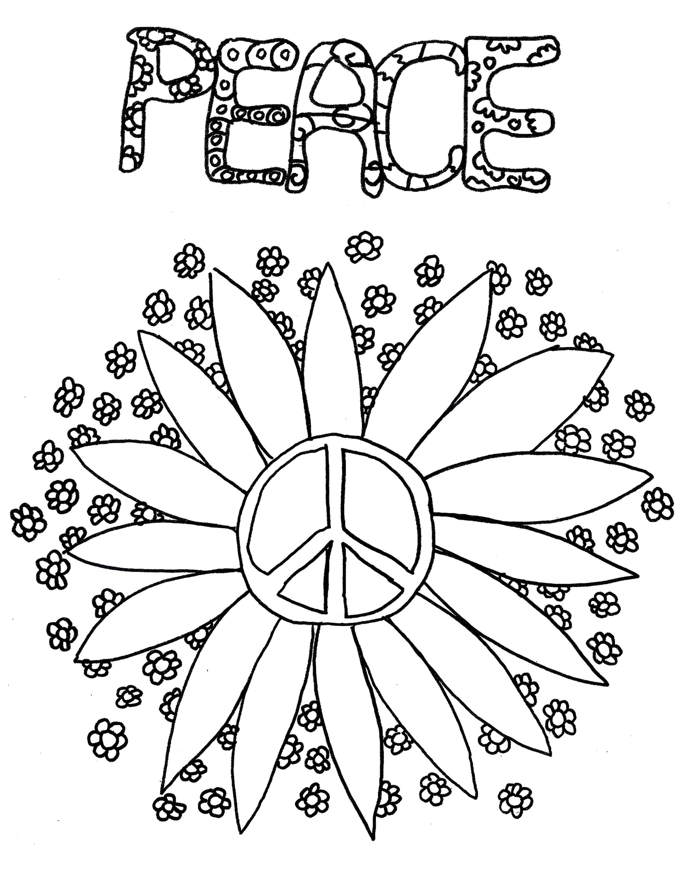 Adult colouring page peace sign peaceful flower power flowers flower floral coloring
