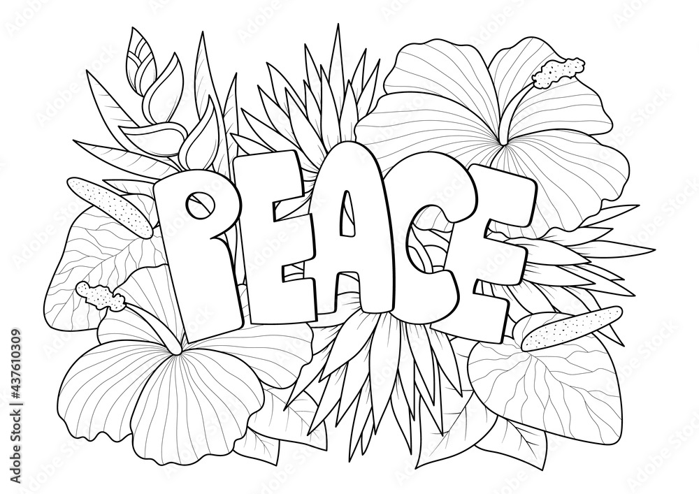 Peace word with floral pattern antistress coloring page for adult in doodle sketch style isolated vector illustration vector
