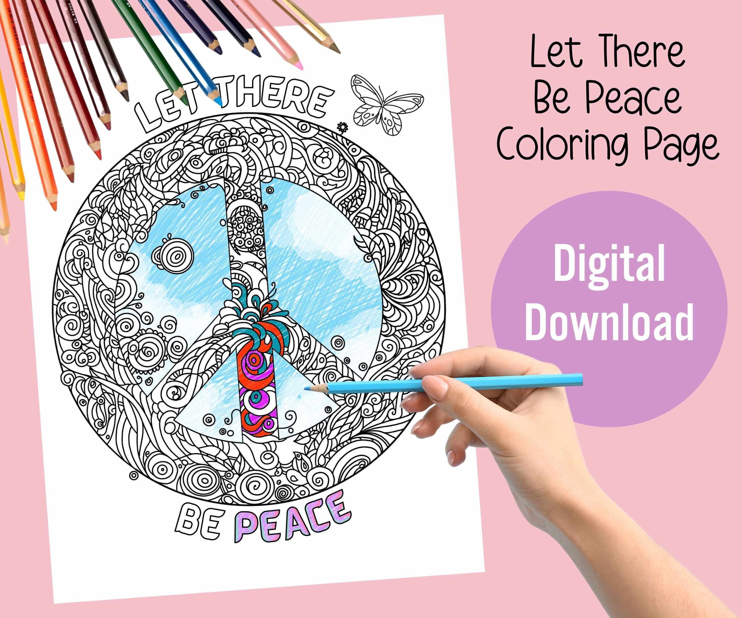 Peace sign art adult coloring page let there be peace digital download