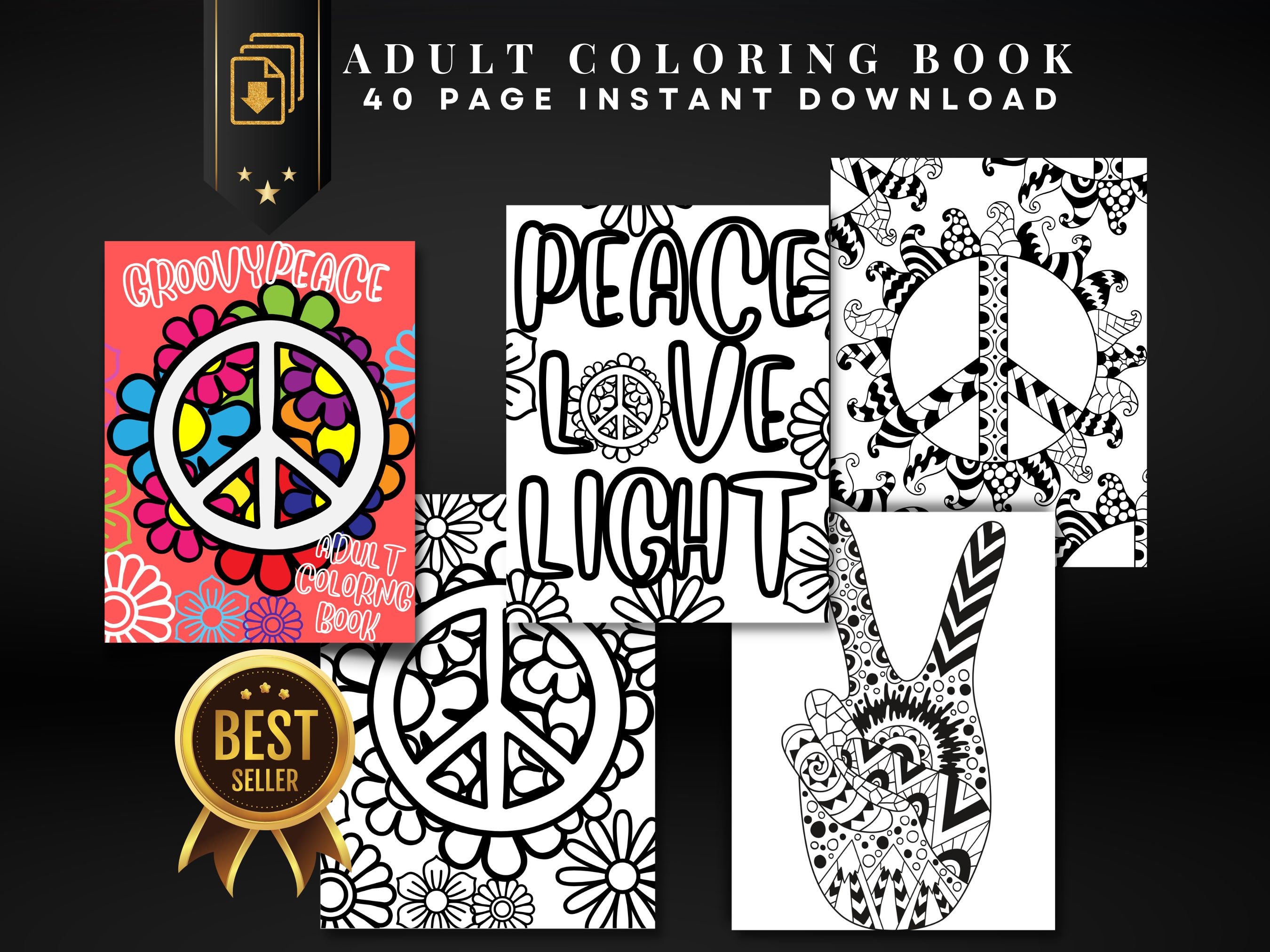Page groovy peace sign digital adult coloring book printable pdf coloring book instant download adult coloring book