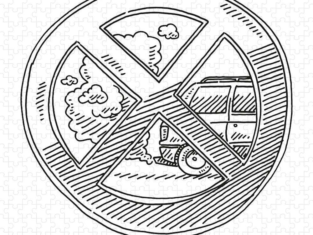 Prohibition sign against bustion engined cars drawing jigsaw puzzle by frank ramspott