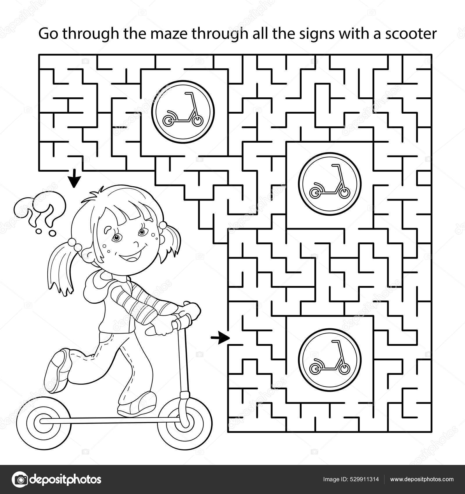 Maze labyrinth game puzzle coloring page outline cartoon girl scooter stock vector by oleon
