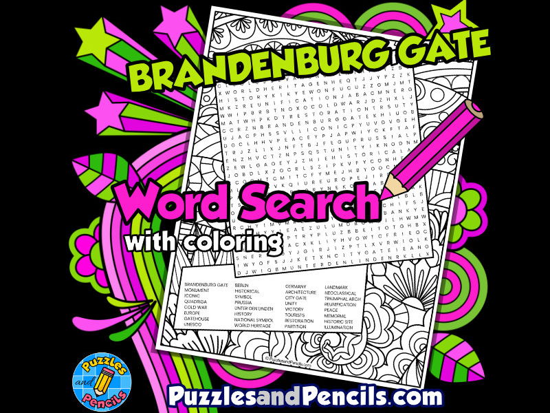 Brandenburg gate word search puzzle with colouring activity world landmarks teaching resources