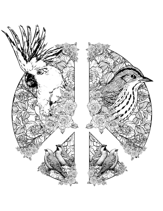 Printable bird peace peace sign coloring page digital download floral coloring sheet