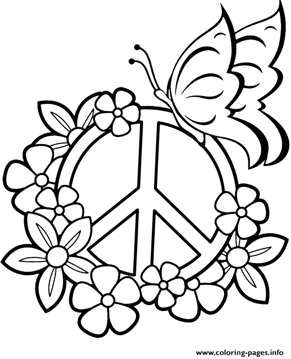 Flowers peace sign and butterfly coloring page printable