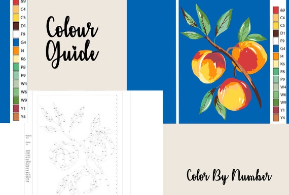 Peaches coloring page printable pdf fruits color by numbers adult craft peach blossom painting by numbers coloring page printable as instant download
