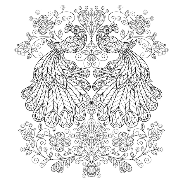 Premium vector peacock and heart hand drawn sketch illustration for adult coloring book