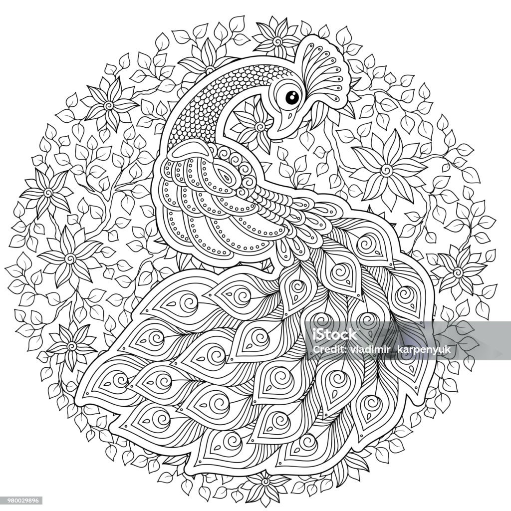 Peacock in zen style adult antistress coloring page stock illustration